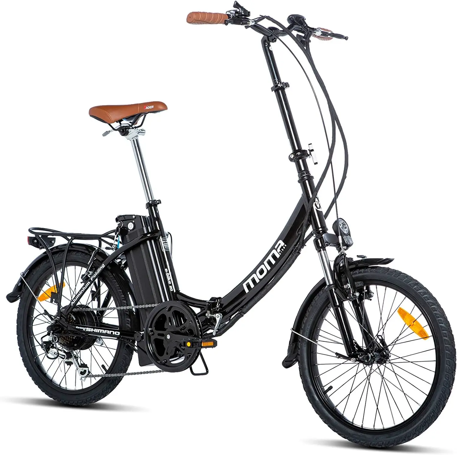 Vélo électrique pliant noir Moma Bikes E-Bike 20.2, avec un cadre compact et des roues de 20 pouces, stationné sur un fond uni.