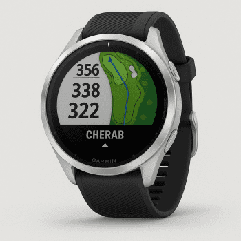 Montre Garmin Approach S70 affichant une carte de parcours de golf sur son écran AMOLED lumineux, avec distances précises jusqu’au green.