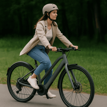 Cycliste en ville sur le Cowboy Cross ST, vélo électrique urbain avec courroie et cadre ouvert.