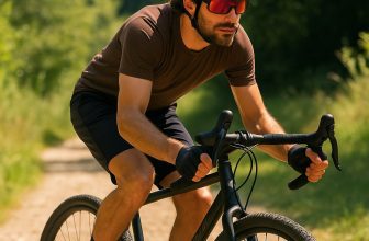 Homme en tenue de gravel roulant sur un vélo Decathlon GRVL 520 noir sur un chemin de campagne