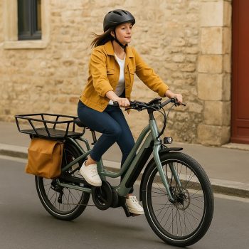 Femme roulant sur un vélo cargo électrique Moma E-Longtail vert en milieu urbain