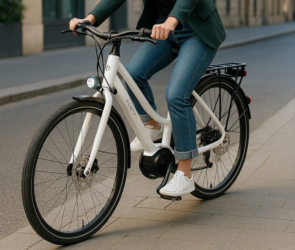 Femme utilisant un vélo électrique Elops 920 E Connect LF dans un environnement urbain