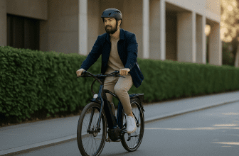 Un cycliste en tenue urbaine roule sur un Decathlon E-ACTV 500 cadre bas, dans une rue calme et ensoleillée. Vélo tout-chemin électrique pour les trajets quotidiens.