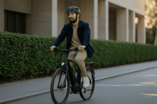 Un cycliste en tenue urbaine roule sur un Decathlon E-ACTV 500 cadre bas, dans une rue calme et ensoleillée. Vélo tout-chemin électrique pour les trajets quotidiens.