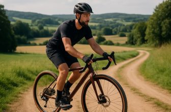 Homme barbu en action avec le vélo gravel GRVL AF marron sur une piste nature