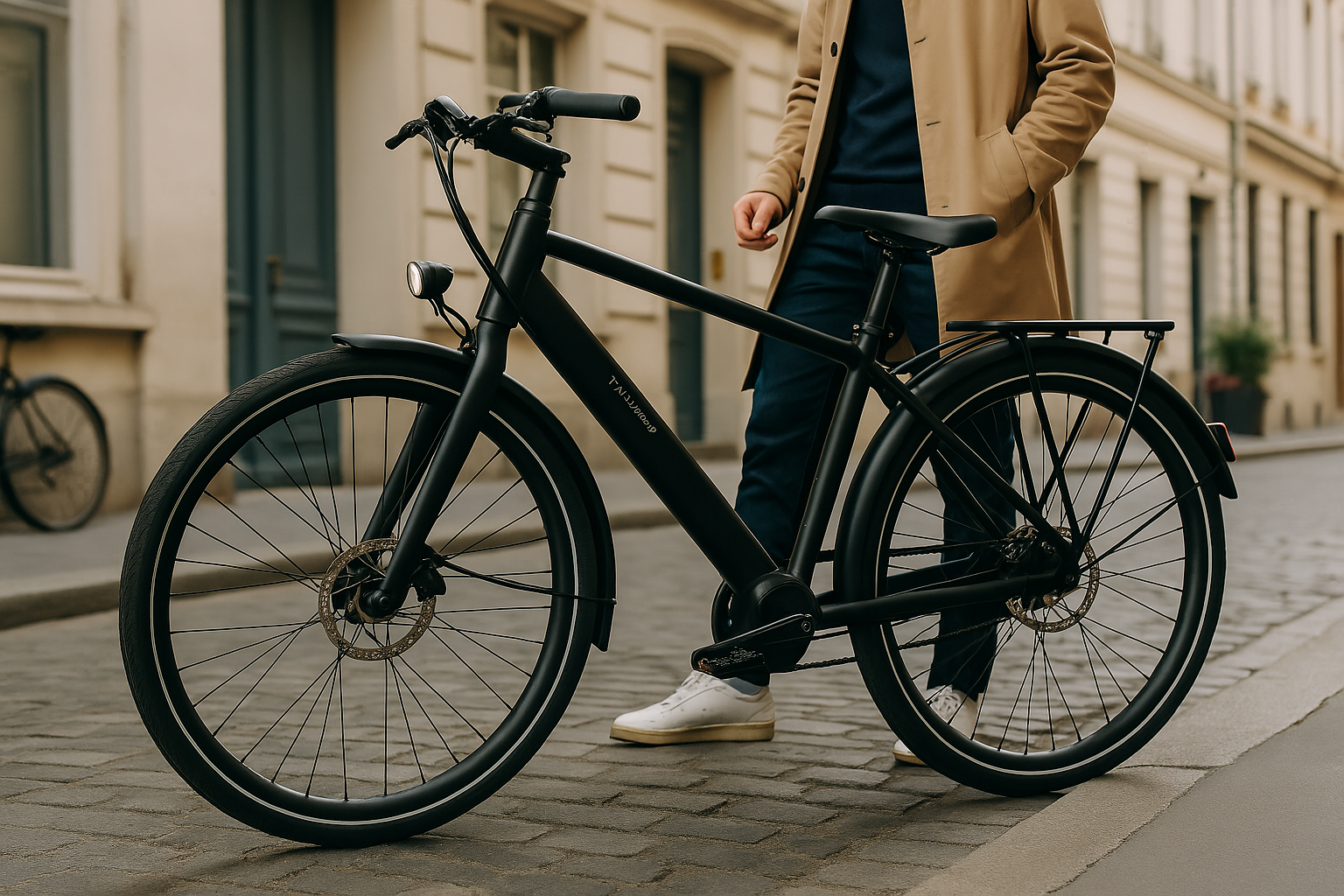Citadin tenant un vélo électrique au design moderne et élégant