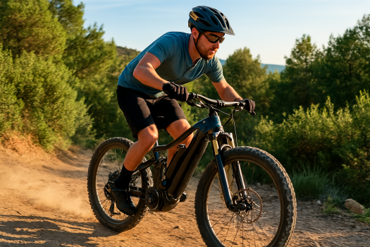 VTT électrique tout-suspendu sur chemin de montagne en 2025