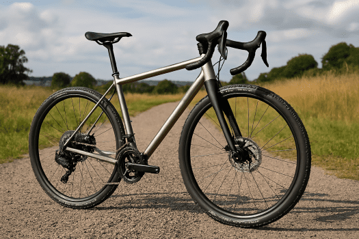 Un cycliste sur un vélo gravel moderne en pleine nature, sur un chemin en gravier au coucher du soleil
