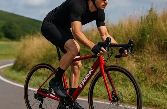Homme en tenue de cyclisme noire roulant sur un vélo de route rouge Trek Domane AL 2