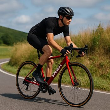 Homme en tenue de cyclisme noire roulant sur un vélo de route rouge Trek Domane AL 2