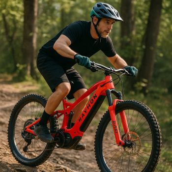 VTT électrique Raymon TrailRay 160E 10.0 rouge piloté en montagne par un vététiste équipé