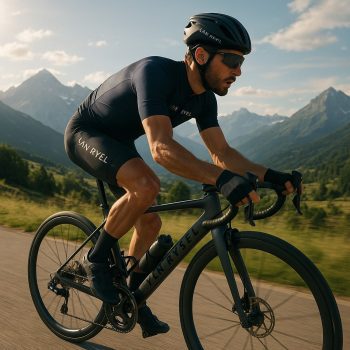 Cycliste équipé Van Rysel en plein effort sur route de montagne