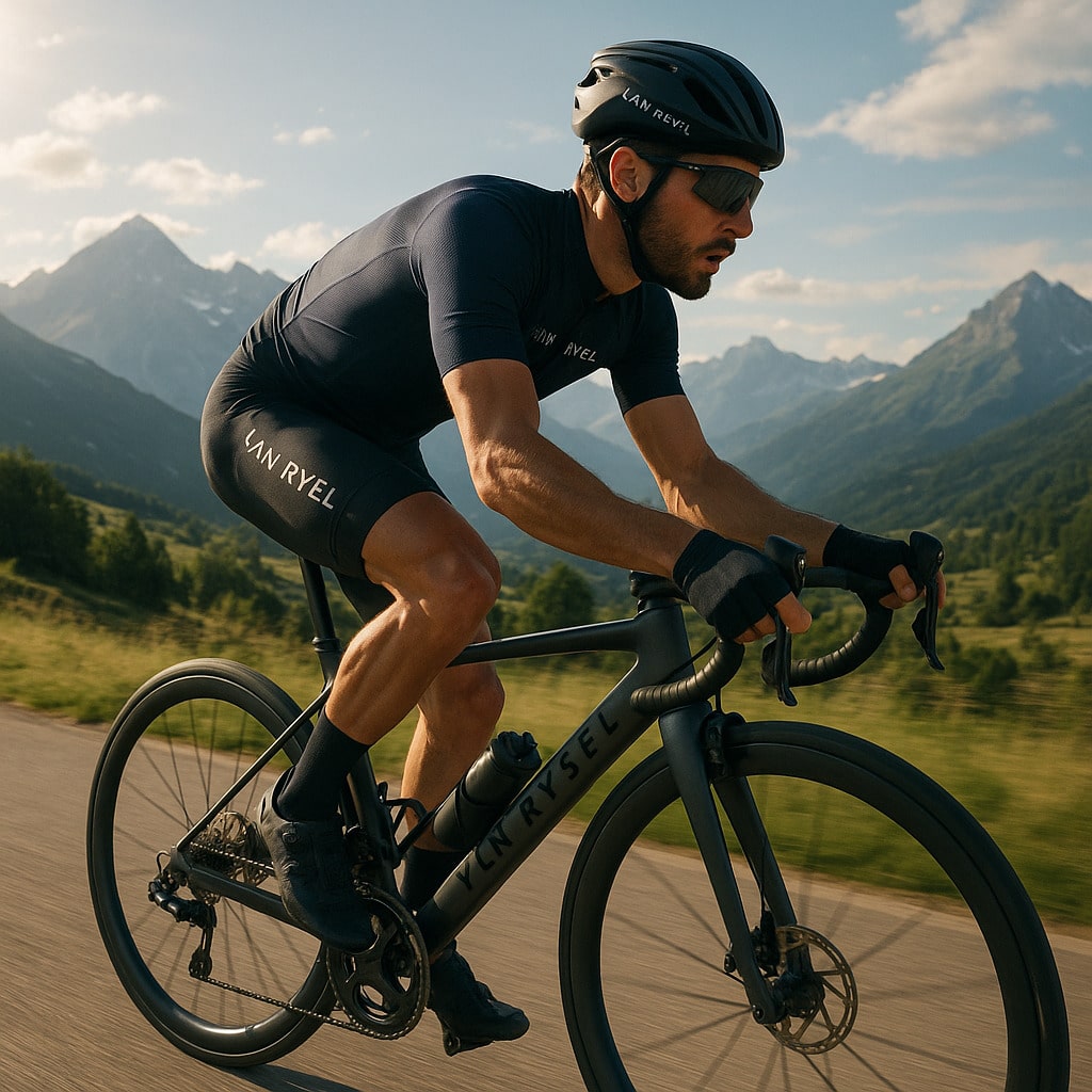 Cycliste équipé Van Rysel en plein effort sur route de montagne
