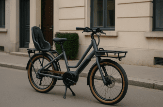 Photo réaliste d’un vélo cargo électrique longtail moderne, stationné en ville avec un siège enfant à l’arrière