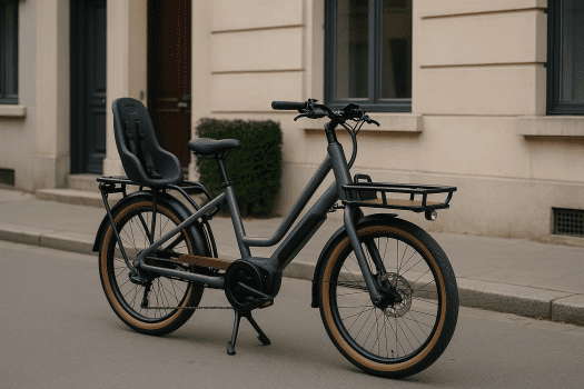 Photo réaliste d’un vélo cargo électrique longtail moderne, stationné en ville avec un siège enfant à l’arrière