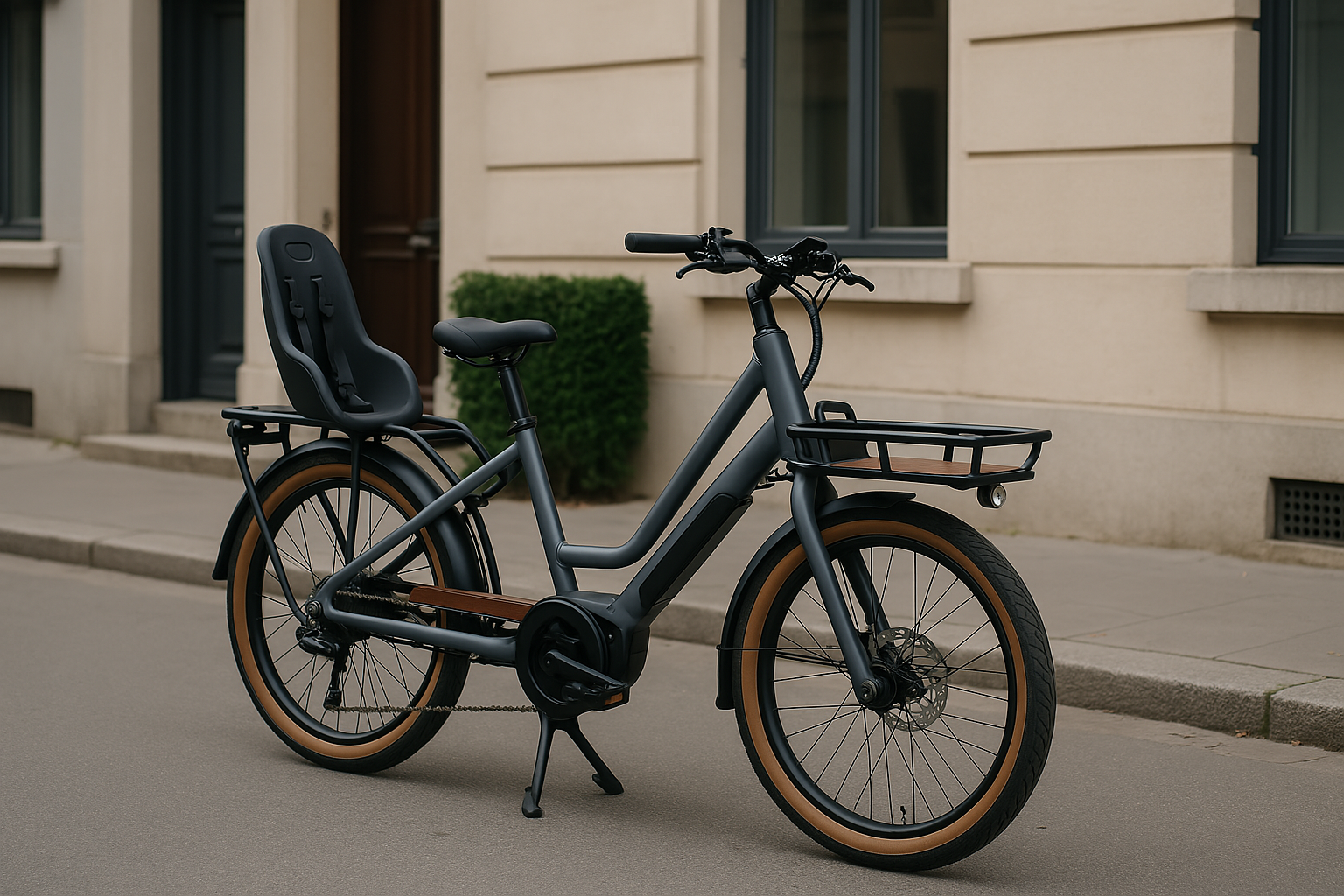 Photo réaliste d’un vélo cargo électrique longtail moderne, stationné en ville avec un siège enfant à l’arrière