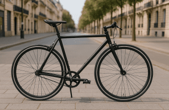 Photographie réaliste d’un vélo fixie noir au design minimaliste, posé contre un mur dans un environnement urbain