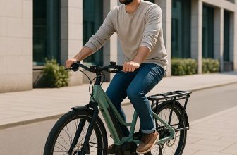 Une femme conduit un vélo cargo électrique Trek Fetch+ 2 de couleur vert sauge sur une piste cyclable urbaine