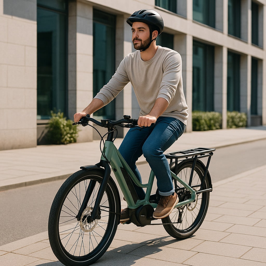 Une femme conduit un vélo cargo électrique Trek Fetch+ 2 de couleur vert sauge sur une piste cyclable urbaine
