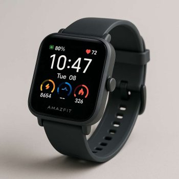 Montre connectée Amazfit Bip 6 affichant l'heure, les pas, le rythme cardiaque et la température