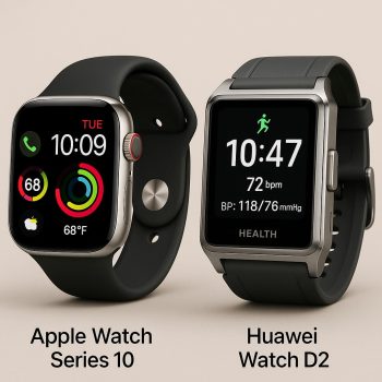Comparaison visuelle entre l'Apple Watch Series 10 et la Huawei Watch D2, montrant leurs designs et écrans.