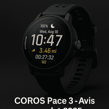 Montre connectée COROS Pace 3 noire affichant des données sportives, sur fond sombre.