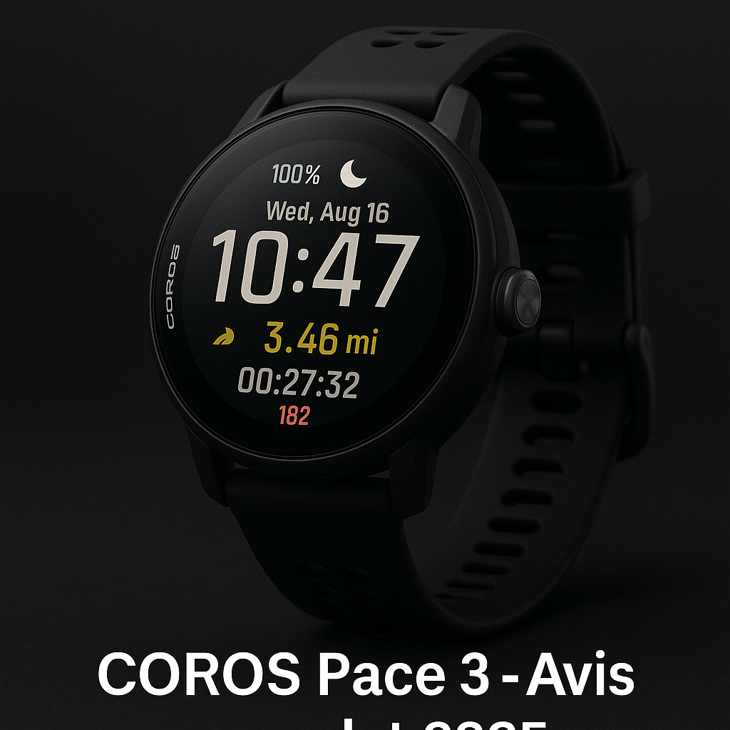 Montre connectée COROS Pace 3 noire affichant des données sportives, sur fond sombre.