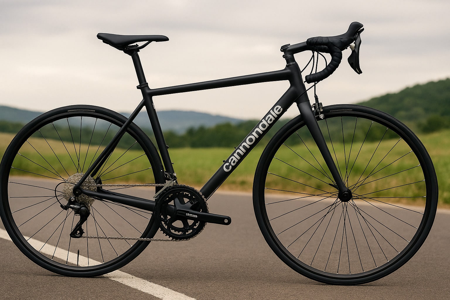 Vélo Cannondale CAAD Optimo 2 noir sur route – profil latéral