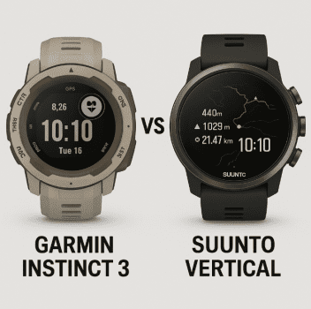 Montres GPS Garmin Instinct 3 et Suunto Vertical côte à côte pour comparaison visuelle
