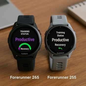 Garmin Forerunner 265 et Forerunner 255 côte à côte sur une table en bois.