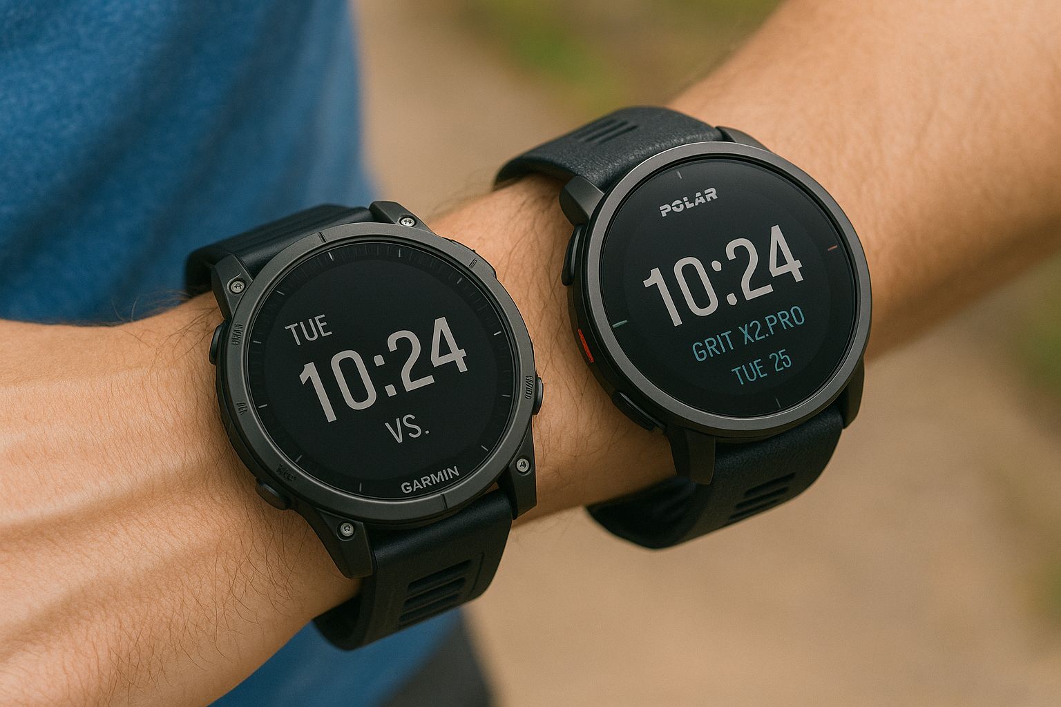Garmin Fenix 8 et Polar Grit X2 Pro portées côte à côte sur les poignets d’un utilisateur, en extérieur.