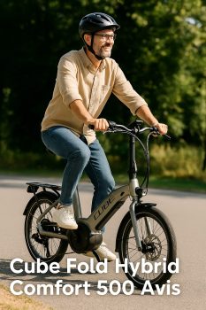 Cycliste utilisant le Cube Fold Hybrid Comfort 500 en milieu urbain