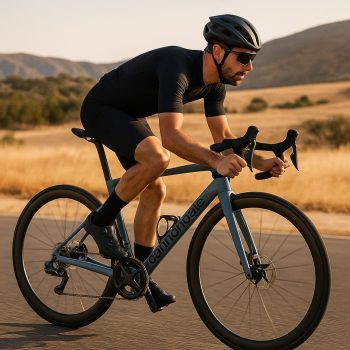 Cycliste montant une route de montagne sur un vélo de route au petit matin