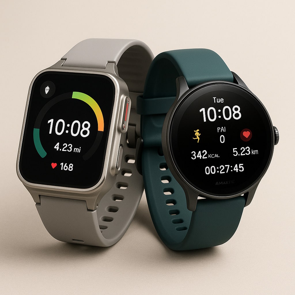 Montres connectées Samsung Galaxy Watch Ultra et Amazfit Balance posées côte à côte