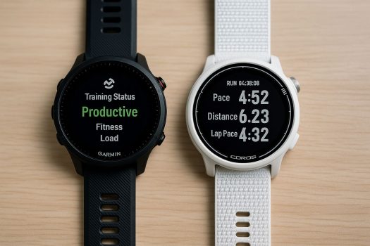 Montres sport Garmin Forerunner 955 noire et COROS Pace 2 blanche côte à côte sur une table en bois clair.