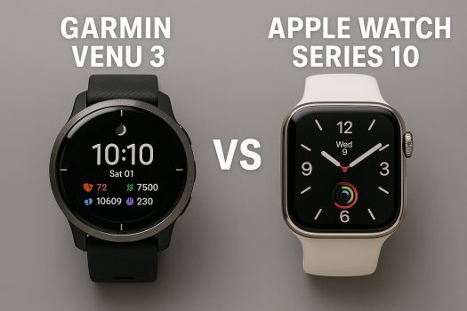 Comparaison Garmin Venu 3 vs Apple Watch Series 10 – deux montres connectées côte à côte