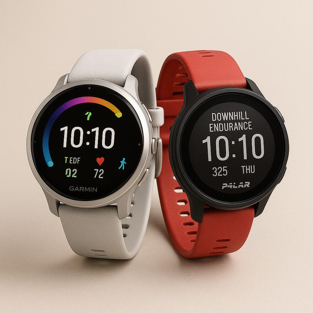 Garmin Venu 3 et Polar Pacer Pro côte à côte, avec écrans affichant des données sportives
