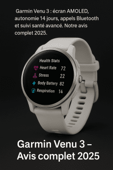 Montre Garmin Venu 3 blanche affichant des données santé comme la fréquence cardiaque et le niveau de stress.