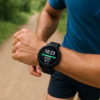 Montre Garmin Forerunner 55 noire portée par un coureur sur un sentier, affichant des données de course à l’écran