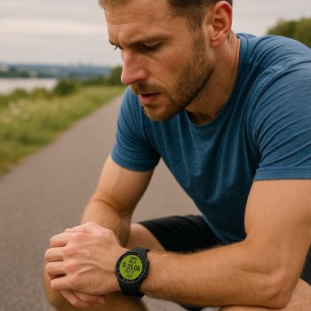 Homme sportif consultant sa montre Garmin Forerunner 970 pendant une séance d’entraînement