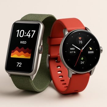 Montres connectées Huawei Watch Fit 4 Pro et Amazfit Active 2 côte à côte sur fond beige