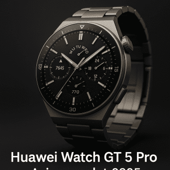 Montre connectée Huawei Watch GT 5 Pro vue de trois-quarts sur fond sombre.