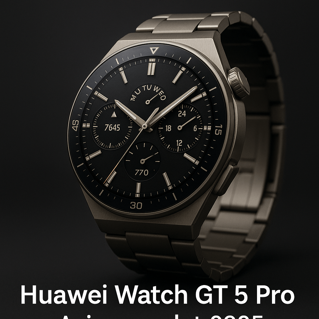 Montre connectée Huawei Watch GT 5 Pro vue de trois-quarts sur fond sombre.