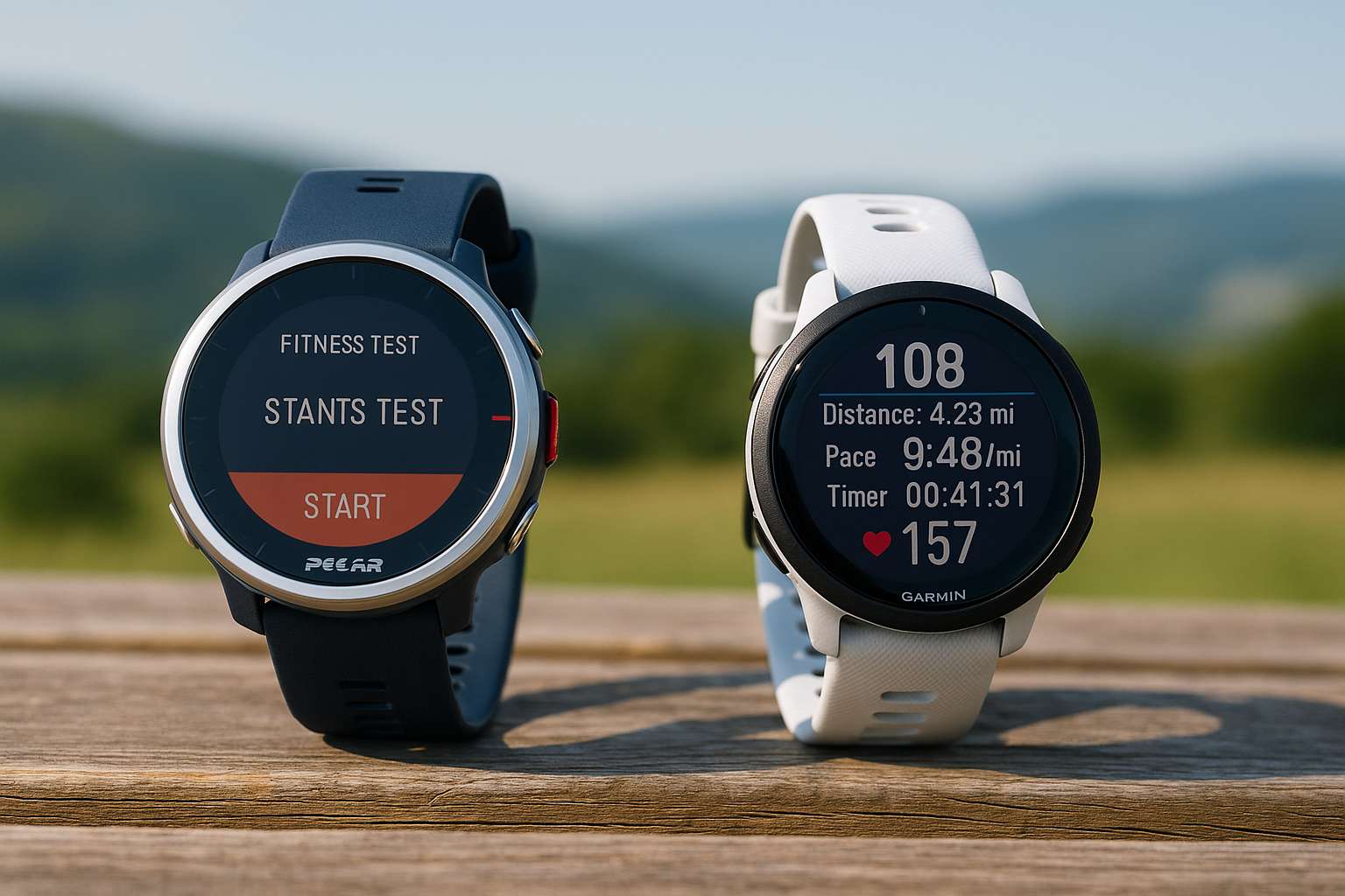 Comparatif visuel entre les montres GPS Polar Pacer Pro et Garmin Forerunner 265S en extérieur.