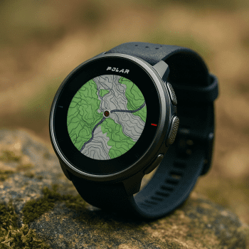 Montre Polar Vantage V3 avec écran AMOLED affichant une carte topographique.