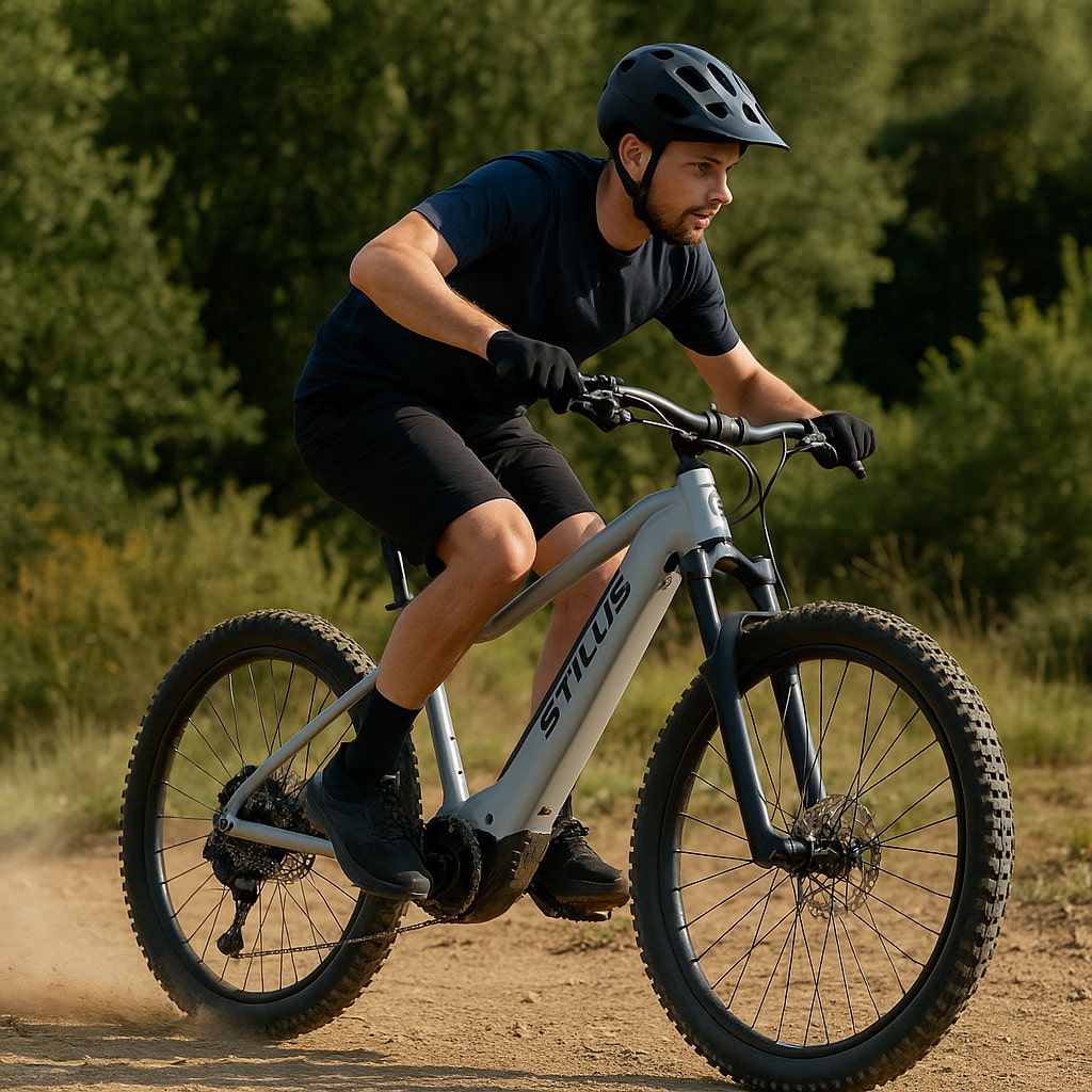 Cycliste sur un Stilus Off Road gris clair roulant sur un sentier forestier rocailleux