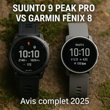 Comparaison entre les montres GPS Suunto 9 Peak Pro et Garmin fēnix 8 sur fond naturel.