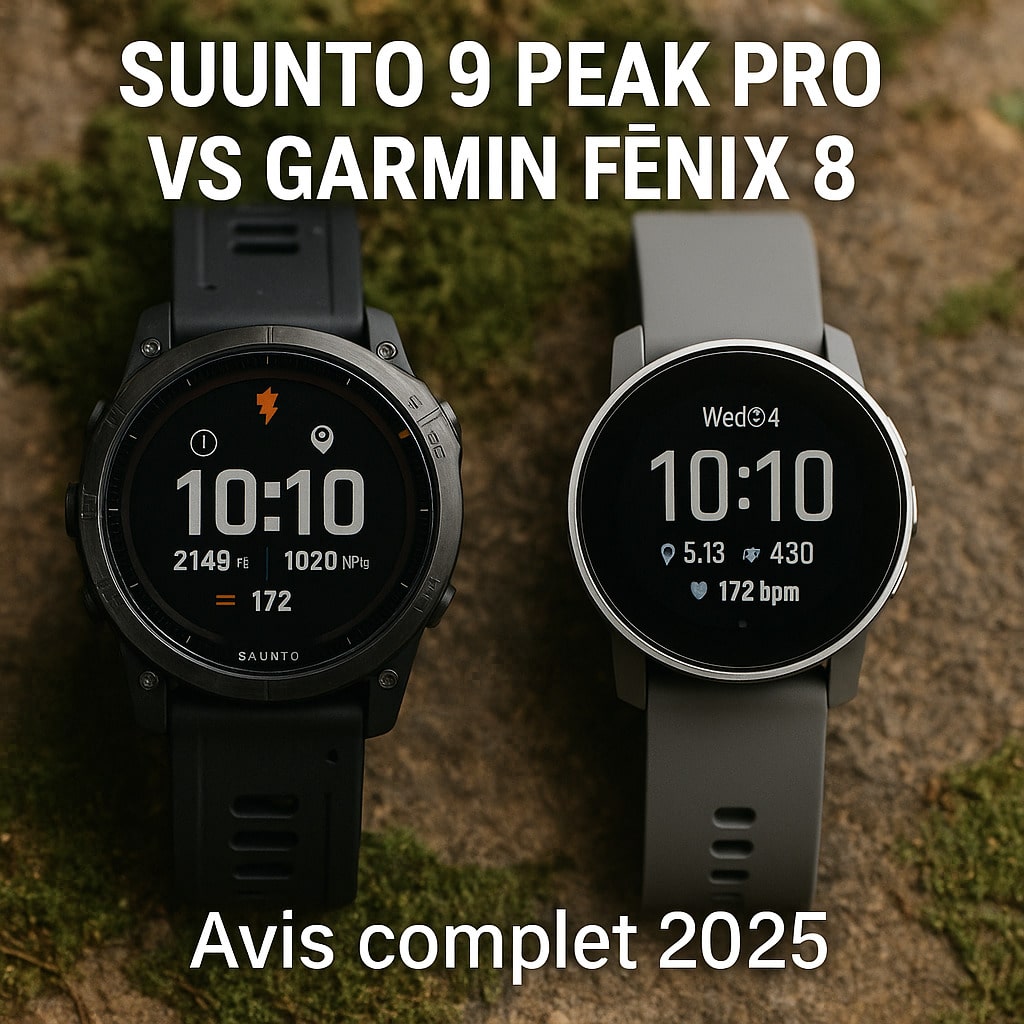 Comparaison entre les montres GPS Suunto 9 Peak Pro et Garmin fēnix 8 sur fond naturel.