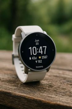 Montre Suunto 9 Peak blanche posée sur une table en bois, affichant ses données d’activité.