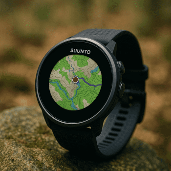 Montre Suunto Race S avec écran AMOLED affichant une carte topographique en forêt.